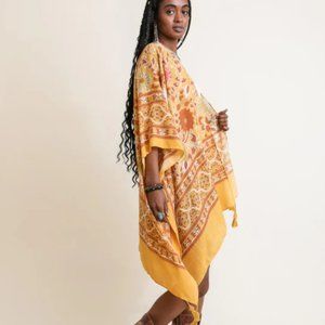 Women's Yellow Floral Pattern Moroccan Tassel Boho Kimono Cover Up One Size